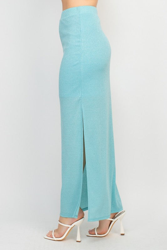High-Rise Metallic Slit Maxi Skirt