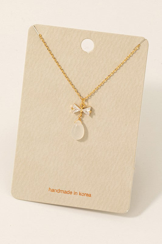 Pave Layered Rhinestone Bow Pendant Necklace
