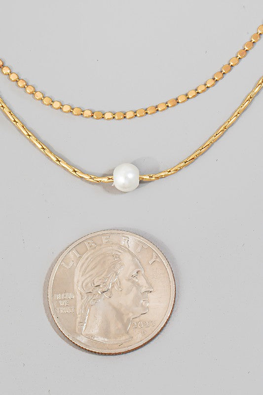 Pearl Bead Charm Layered Chain Necklace