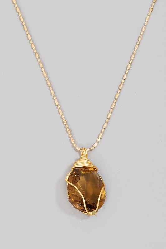 Wire Wrapped Glass Gem Pendant Chain Necklace