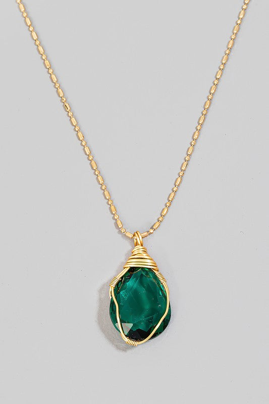 Wire Wrapped Glass Gem Pendant Chain Necklace