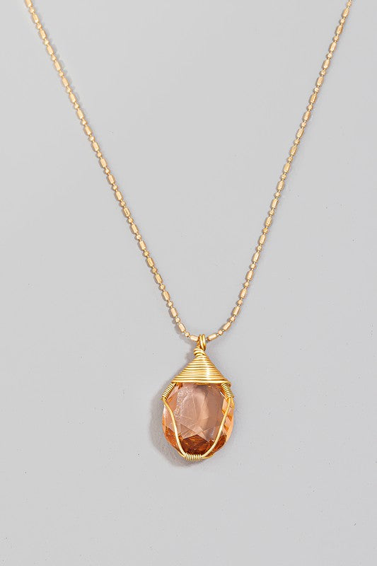 Wire Wrapped Glass Gem Pendant Chain Necklace
