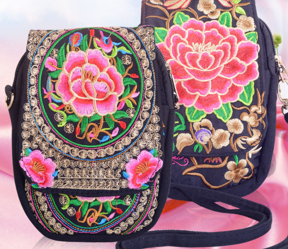 Yunnan National Embroidery Bag Embroidered Canvas Mobile Phone Bag Three-layer Coin Purse Women's Small Crossbody Bag