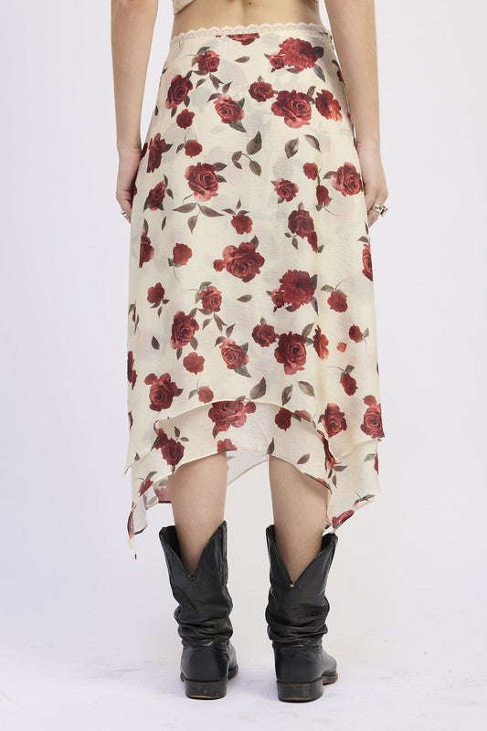 Burgundy rose floral midi skirt, back view