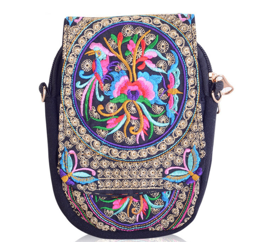 Yunnan National Embroidery Bag Embroidered Canvas Mobile Phone Bag Three-layer Coin Purse Women's Small Crossbody Bag