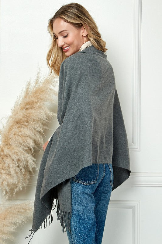 SOLID COLOR THICK SOFT SCARVES PANCHO WITH TASSEL