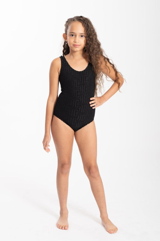 Girls patterned 3-piece swimwear set with print top, matching bottoms, and cover-up — perfect for beach or poolside fun