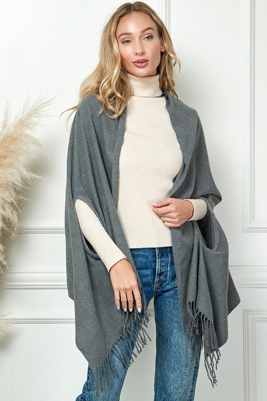 SOLID COLOR THICK SOFT SCARVES PANCHO WITH TASSEL