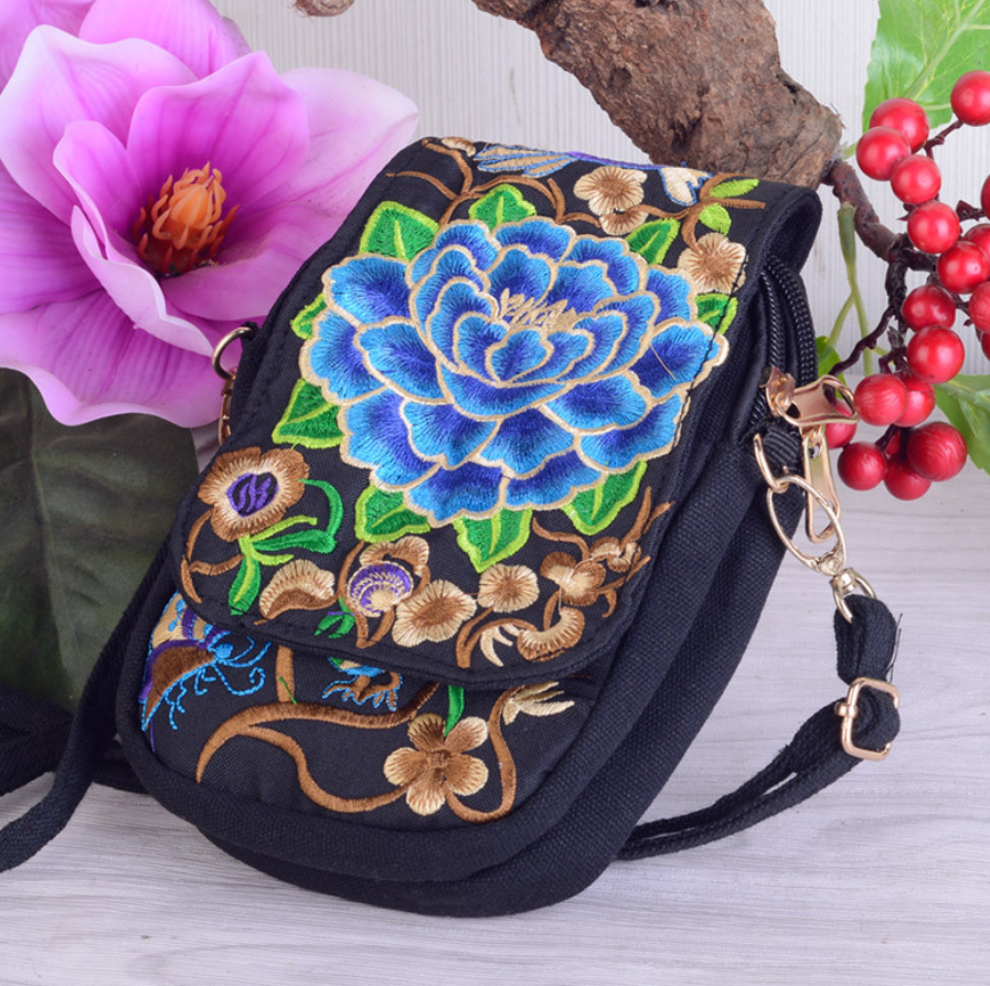 Yunnan National Embroidery Bag Embroidered Canvas Mobile Phone Bag Three-layer Coin Purse Women's Small Crossbody Bag