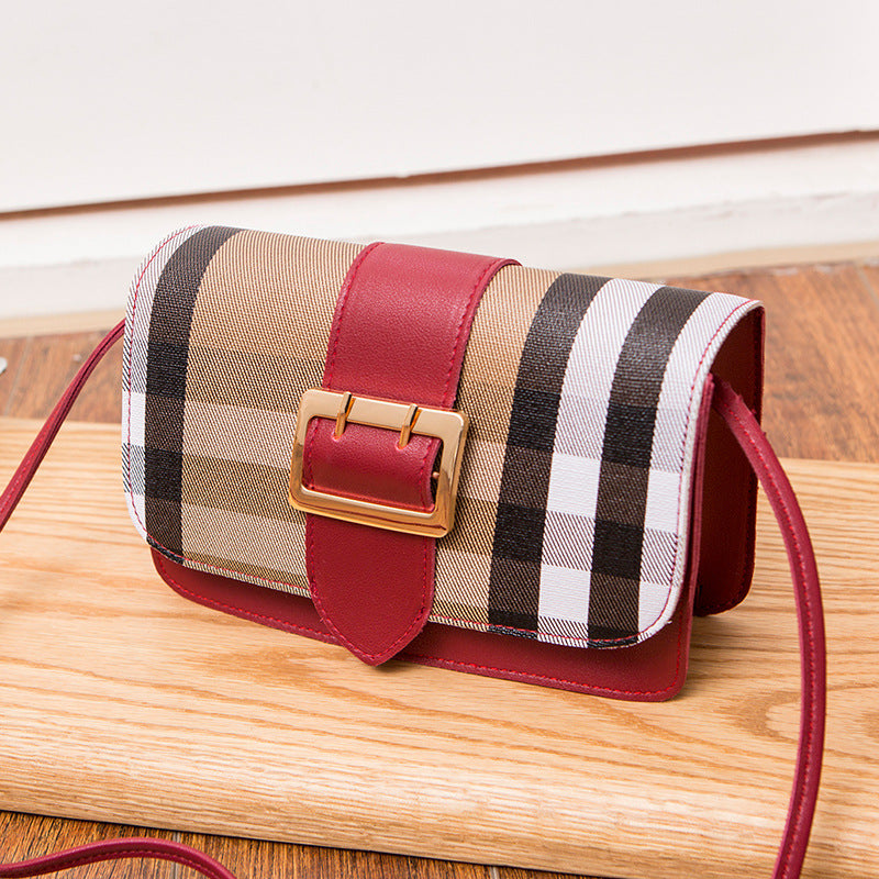 Contrast color lattice leather buckle mobile phone coin purse diagonal