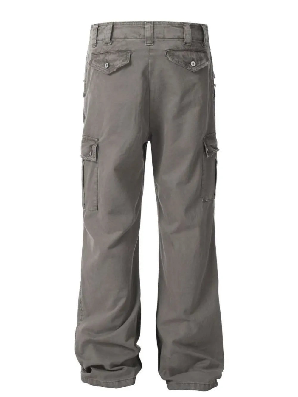 Gray straight leg cargo pants – back view