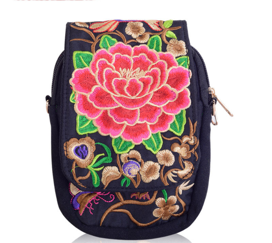 Yunnan National Embroidery Bag Embroidered Canvas Mobile Phone Bag Three-layer Coin Purse Women's Small Crossbody Bag
