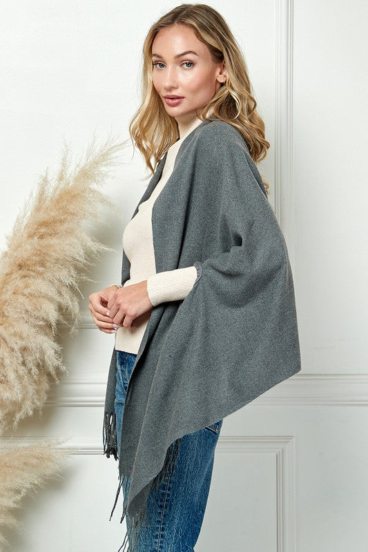 SOLID COLOR THICK SOFT SCARVES PANCHO WITH TASSEL