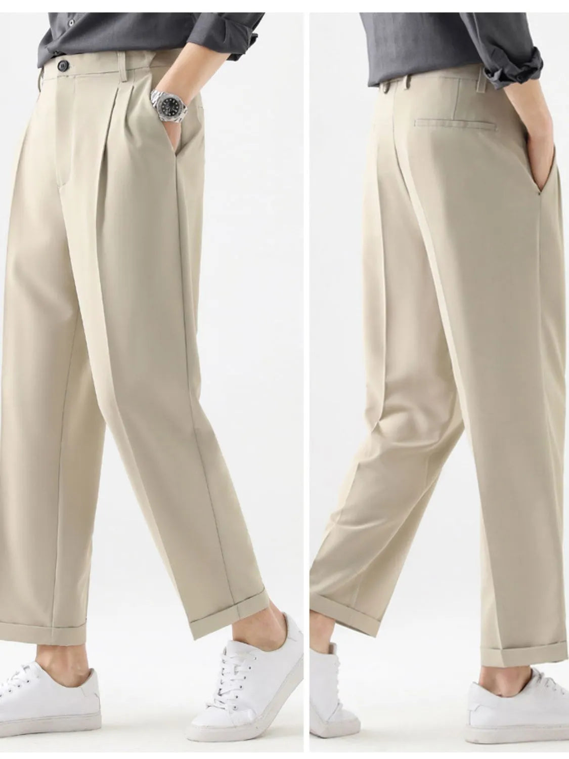 Beige pants worn by a person on a white background