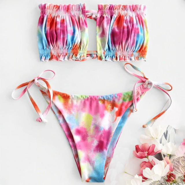 Print Bikinis Woman Bandeau Swimsuit For Women Pleated Biquini Micro Swimwear Sexy Keyhole Two Piece High Cut Bathing Suit