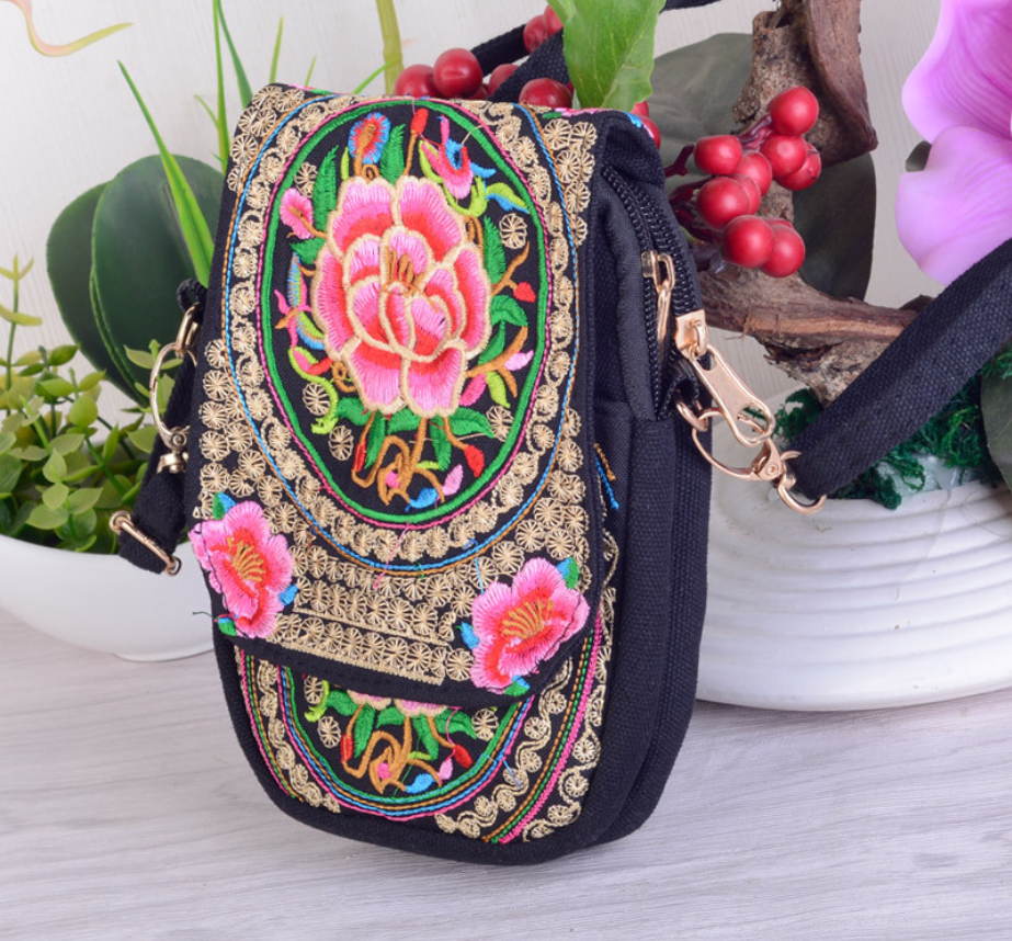 Yunnan National Embroidery Bag Embroidered Canvas Mobile Phone Bag Three-layer Coin Purse Women's Small Crossbody Bag