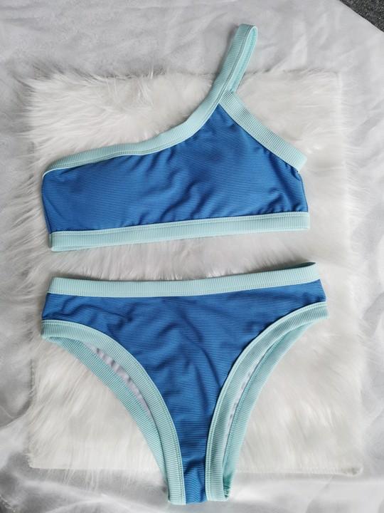 Ribbed bikinis Mujer High waist bikini Bandeau Swimsuit women Patchwork Swimwear Women One shoulder Bathing Suit
