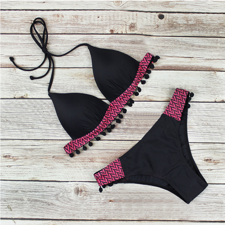 Sexy patchwork tassel swimwear Halter triangle bikini Low waist swimsuit women Black bathing suit Swimming Biquini