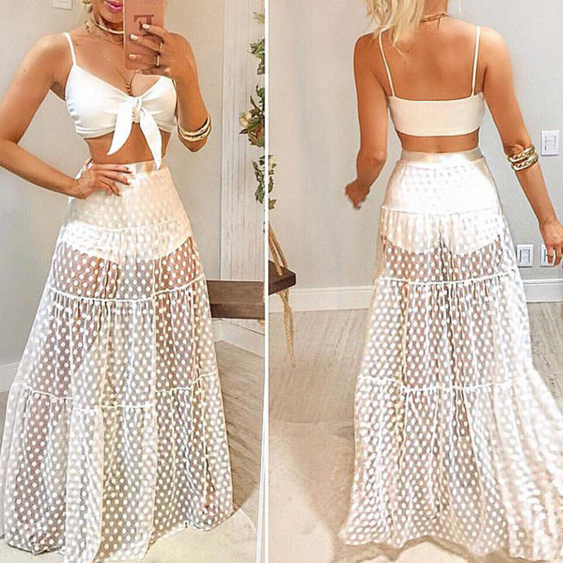 Polka dot Beach-ups High waist long skirts Sexy see through summer women swimsuit bikini cover up Elegant Beach skirt