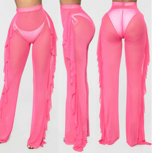 Ruffled Solid Color Casual Sexy Yarn Pants See through Women Beach Vacation Trousers