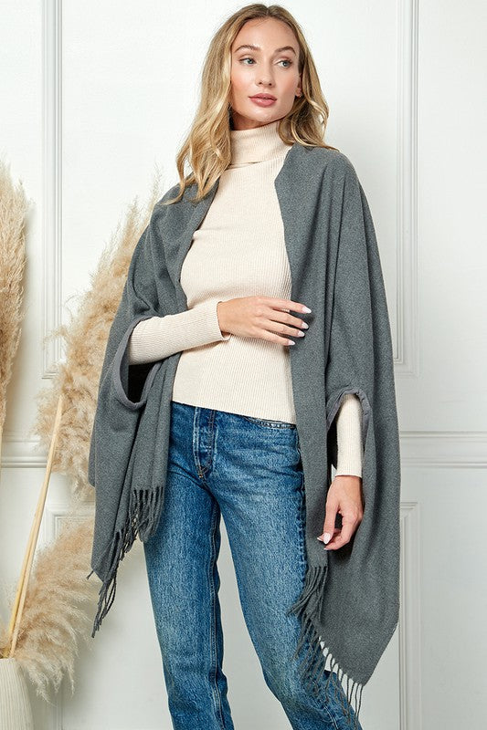 SOLID COLOR THICK SOFT SCARVES PANCHO WITH TASSEL
