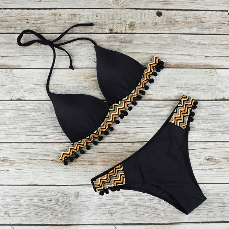 Sexy patchwork tassel swimwear Halter triangle bikini Low waist swimsuit women Black bathing suit Swimming Biquini