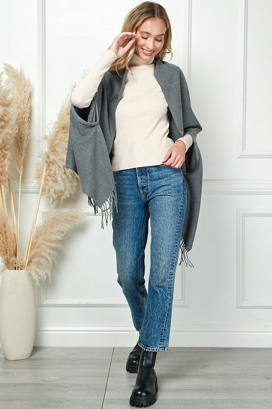 SOLID COLOR THICK SOFT SCARVES PANCHO WITH TASSEL