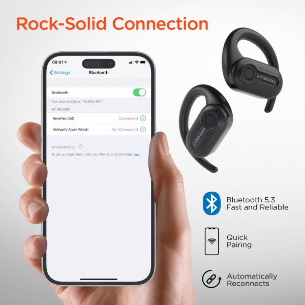 HyperGear AeroFlex 360 Earbuds, angled shot, pairing with Bluetooth