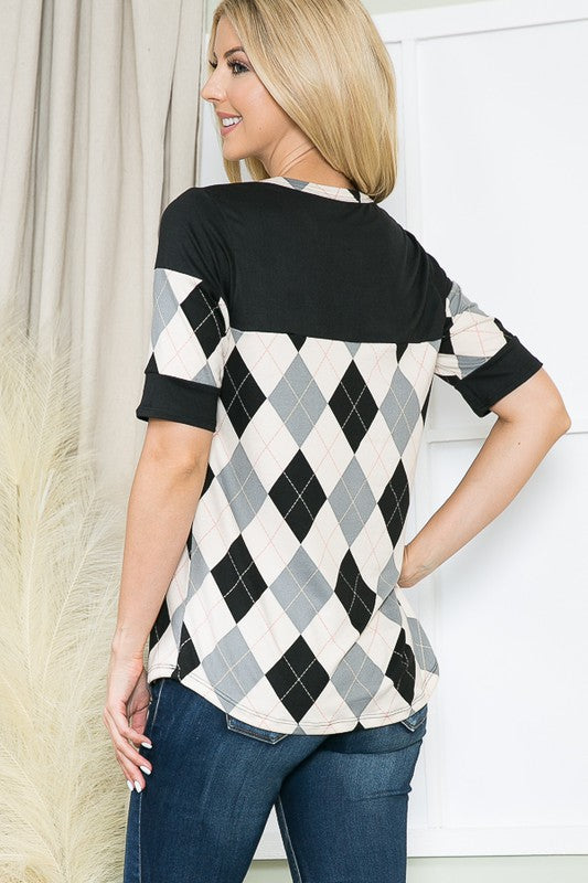 Bring pattern into your rotation with this argyle-printed, button-front knit top.