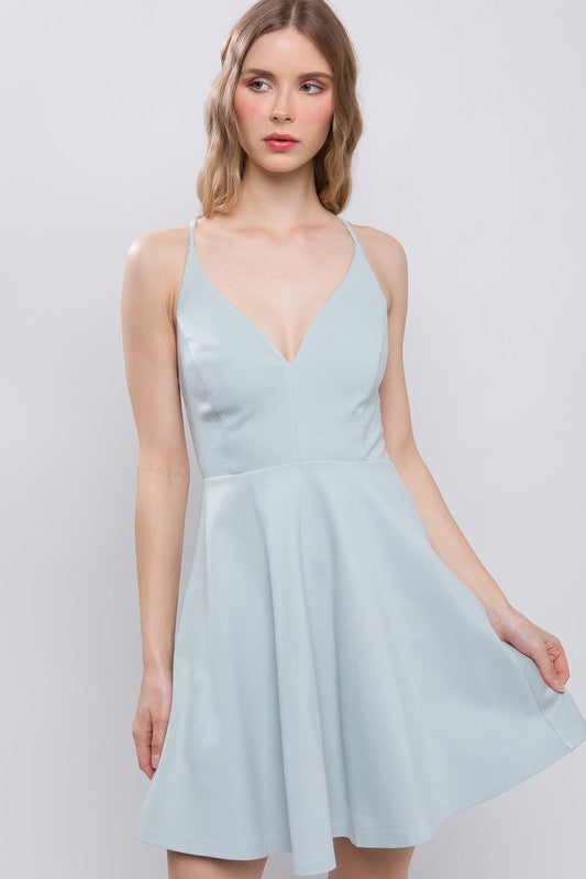 Blue backless skater dress, front