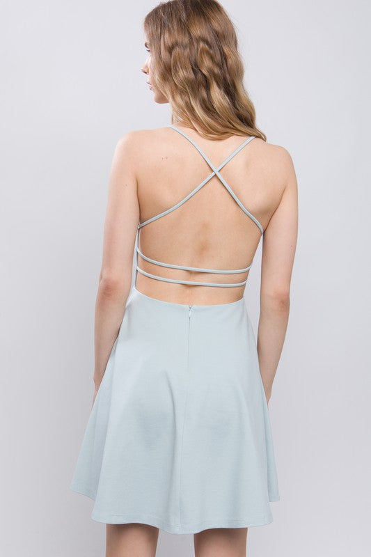 Blue backless skater dress, back