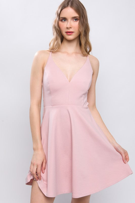 Pink backless skater dress, front
