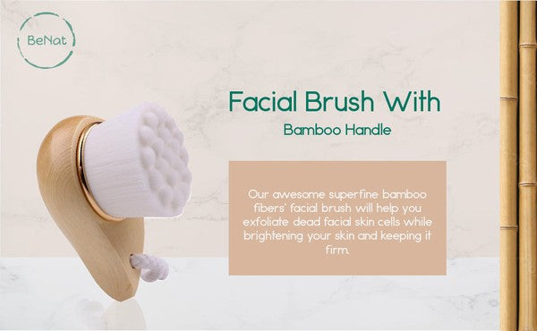 Eco-friendly facial brush with bamboo handle and soft bristles for gentle exfoliation and cleansing
