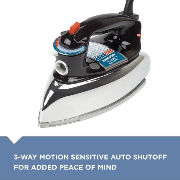 The Black+Decker Classic Auto Shutoff Iron is a lightweight, dependable steam iron with automatic shutoff for safety, offering steady heat, smooth gliding, and practical features for efficient wrinkle removal.