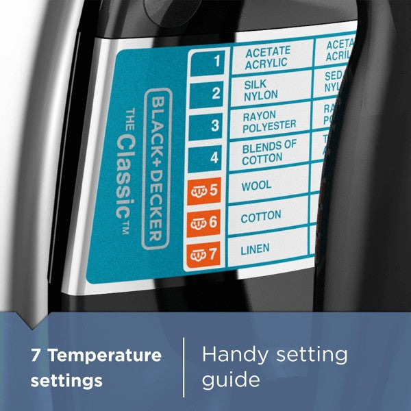 The Black+Decker Classic Auto Shutoff Iron is a lightweight, dependable steam iron with automatic shutoff for safety, offering steady heat, smooth gliding, and practical features for efficient wrinkle removal.