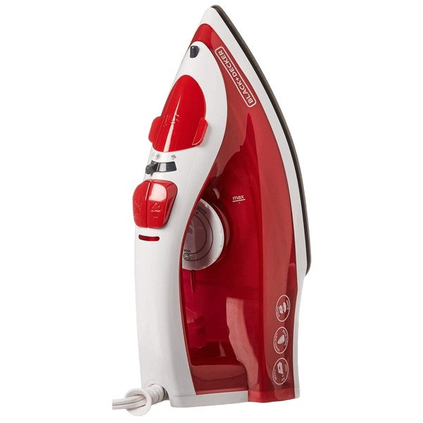 BLACK+DECKER steam iron with red and white design, featuring a temperature dial, steam buttons, and pointed tip—highlighting garment care functions.