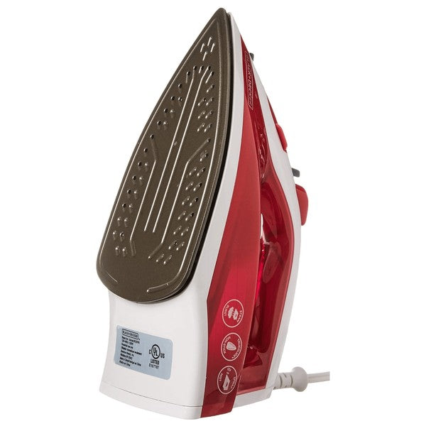 BLACK+DECKER steam iron with red and white design, featuring a temperature dial, steam buttons, and pointed tip—highlighting garment care functions.