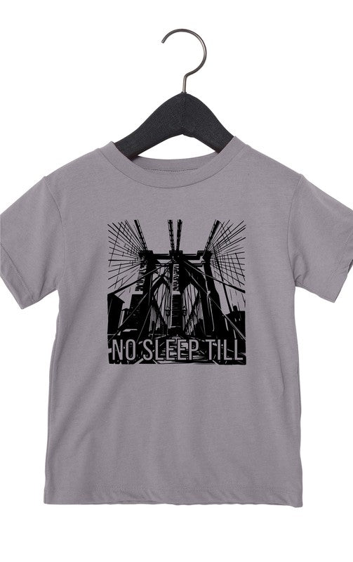 Gray t-shirt with black graphic design on a hanger against a white background