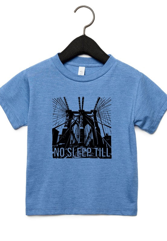 Blue t-shirt with black graphic and 'No Sleep Till' text on a hanger against a white background