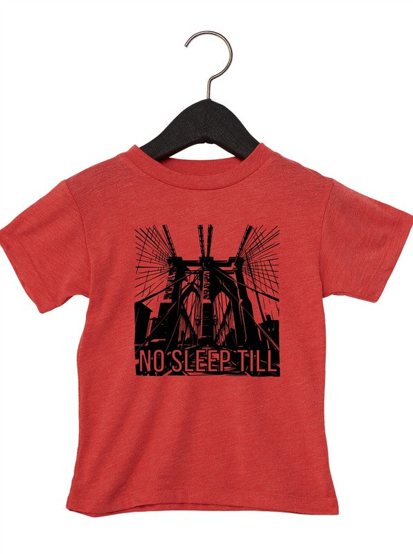 Red t-shirt with black graphic design and 'No Sleep Till' text on a hanger against a white background