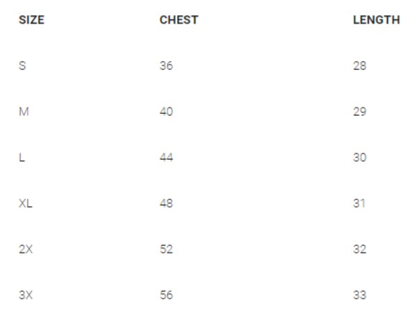 Size chart for chest and length measurements in centimeters