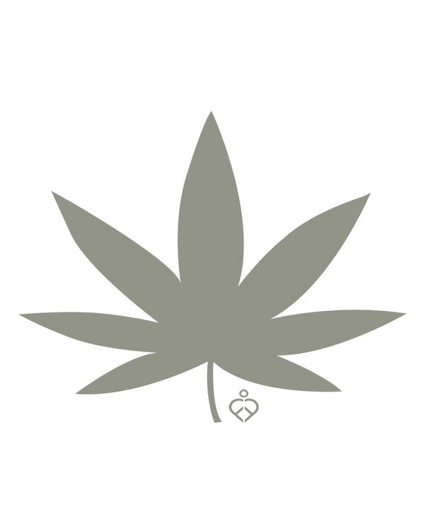 Simple illustration of a gray cannabis leaf on a white background with a small abstract logo at the base.