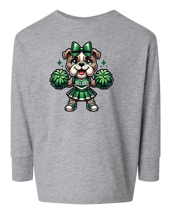 Gray sweatshirt with a cartoon bulldog wearing a bow and pom-poms on the chest.