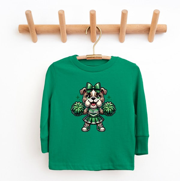 Green children's sweatshirt with a bulldog cheerleader design on a wooden hanger against a white background.