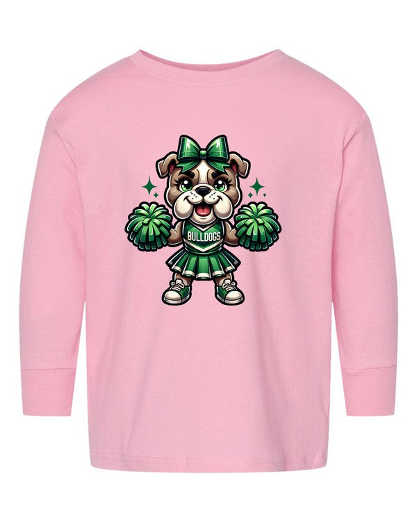 Pink long-sleeve shirt with a bulldog cheerleader design on a white background