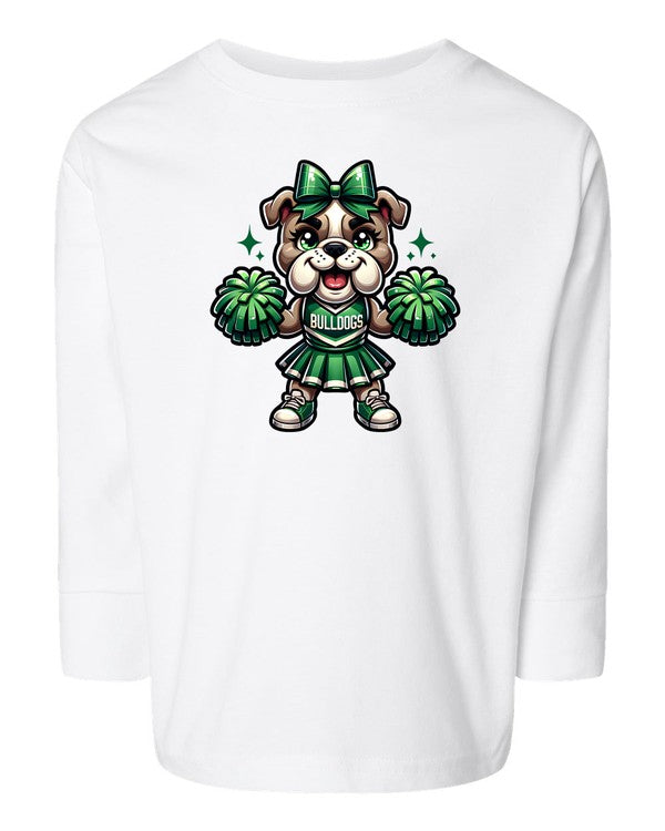 White t-shirt with a cartoon bulldog in a cheerleader outfit on a white background