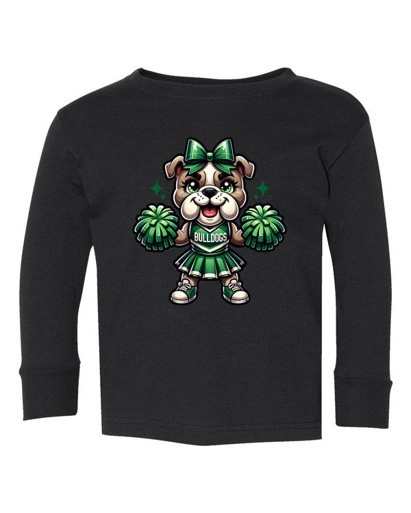 Black long-sleeve shirt with a bulldog cheerleader design on a white background