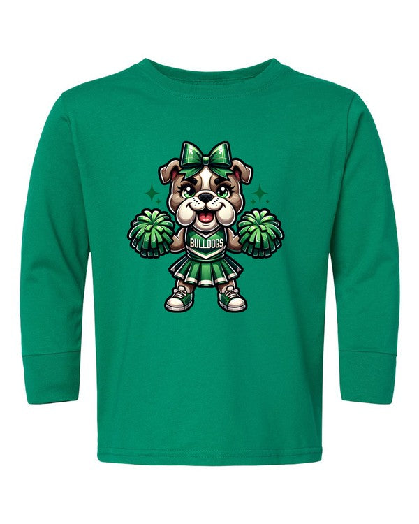 Green long-sleeve shirt with a bulldog cheerleader graphic on a white background