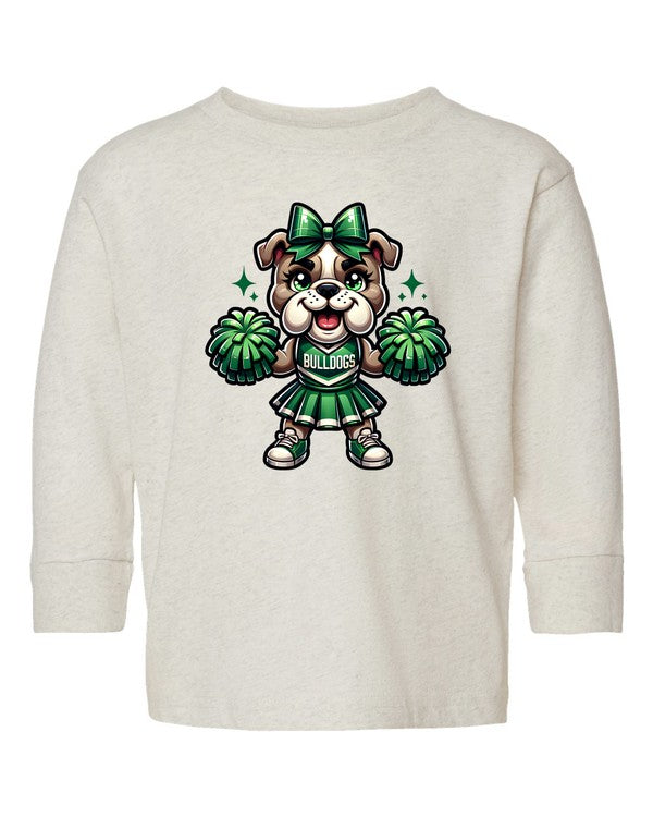 White long-sleeve shirt with a bulldog cheerleader graphic on a white background