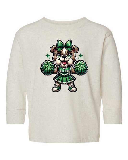 White long-sleeve shirt with a bulldog cheerleader graphic on a white background